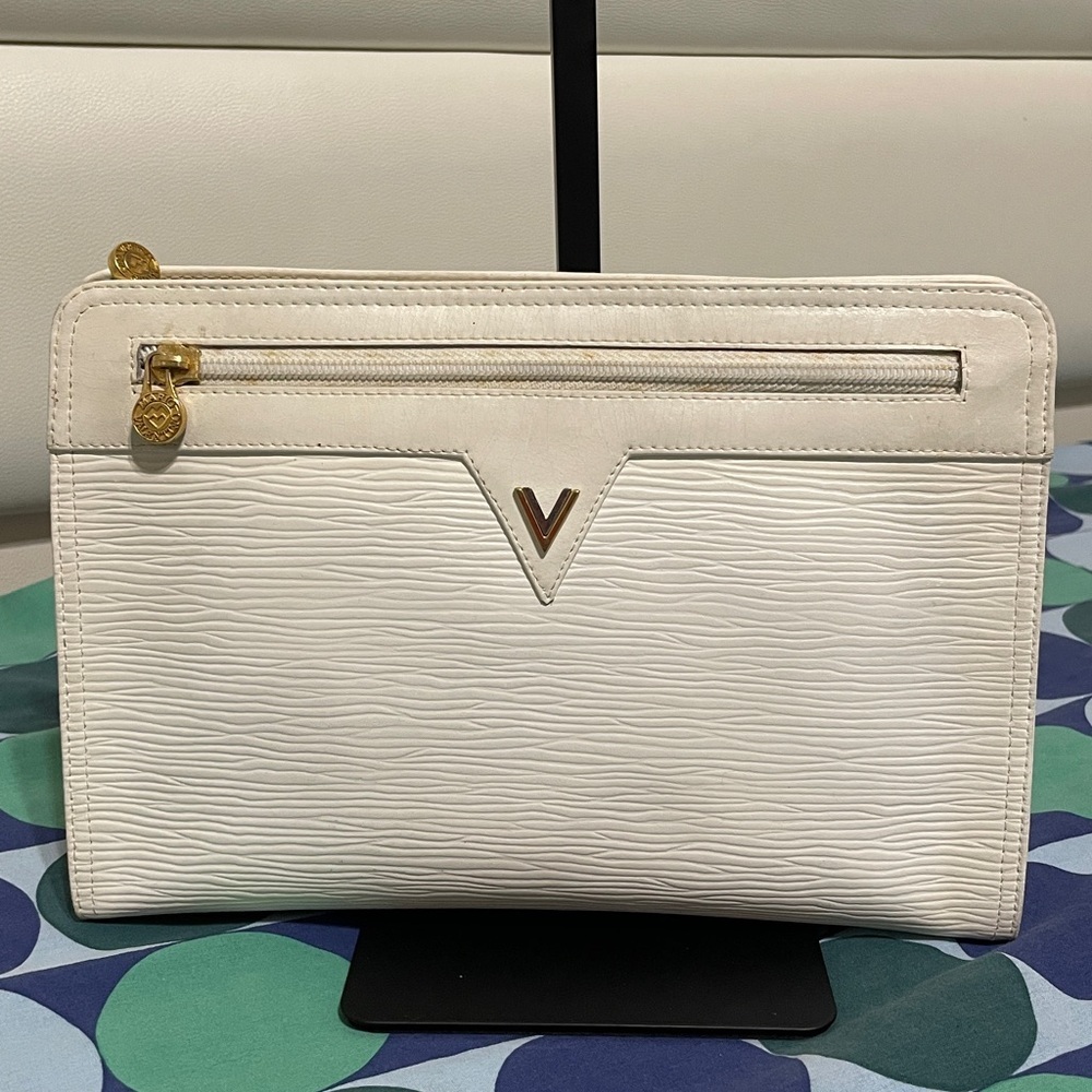 Mario Valentino White Textured Clutch with Gold Accents